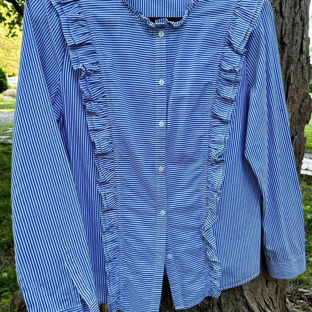 AVEC LES FILLES Cotton STRIPED RUFFLE Button Down, size Large - Picture 4 of 6